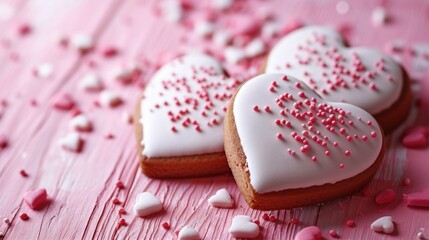 Decorated heart shaped coockies on pink wooden table, Valentine's Day banner