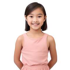 Front view mid shot of an Asian 10-year-old girl wearing a soft coral pink romper, smiling on a white background