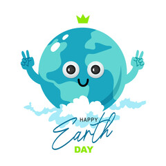 Blue planet Earth shows the sign of Peace and victory with its hands. Happy Earth Day. Cute and funny planet Earth with a green crown