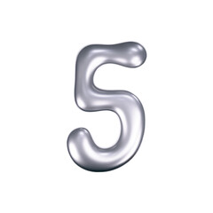 3d chrome liquid number 5 in y2k style isolated. Render of 3d metal inflated figures with glossy silver effect. 3d vector y2k typography digit