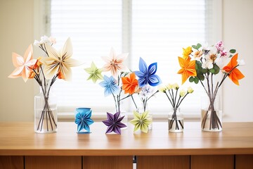 array of various origami flowers in glass vases