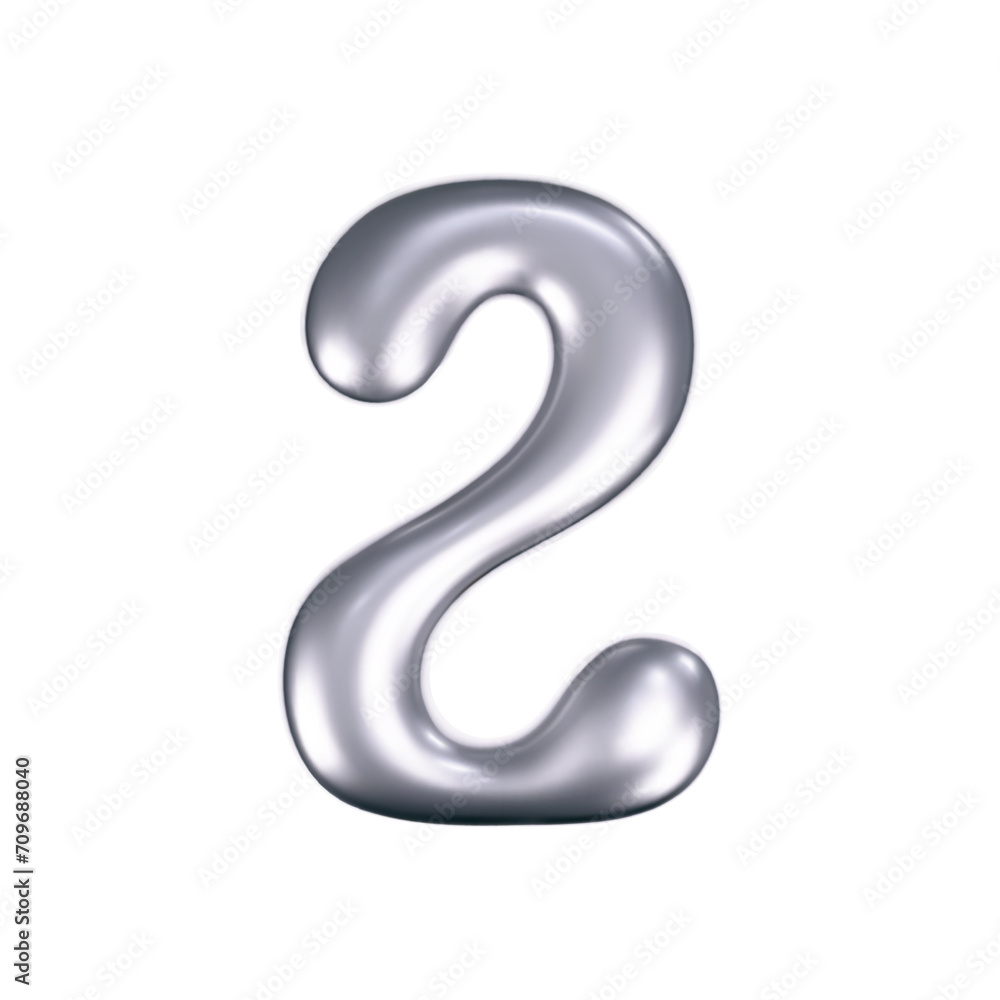 Canvas Prints 3d chrome liquid number 2 in y2k style isolated. render of 3d metal inflated figures with glossy sil