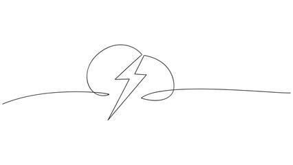Single continuous line art rainy cloud and lightning. Cloudy weather. Vector illustration