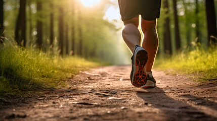 Low angle photography of a fit healthy man running or jogging through a nature forest trail road, wearing sport shoes and shorts. Male adult person active lifestyle, cardio workout, morning sunshine - obrazy, fototapety, plakaty