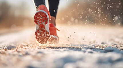 Low angle photography of a fit healthy woman running or jogging on a snowy asphalt road, wearing sport shoes and tracksuit. Female adult person active lifestyle, cardio workout, morning sunshine - obrazy, fototapety, plakaty