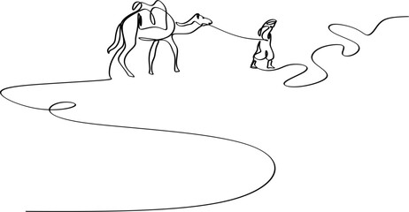 Linear drawing of a man walking with a camel in the desert. 