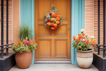 ornate wooden door with terracotta pot floral arrangement
