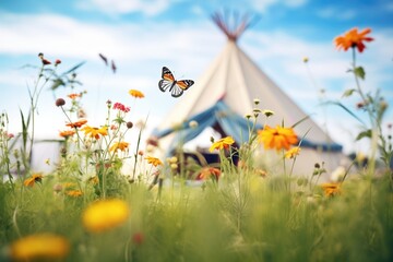 small tent surrounded by wildflowers with butterflies flying around