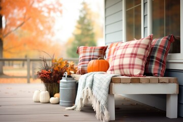 plaid blankets on porch bench with autumn farmhouse backdrop - obrazy, fototapety, plakaty