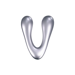 3d chrome liquid letter V in y2k style isolated. Render of 3d metal inflated bubble alphabet with glossy silver effect. 3d vector y2k typography letter