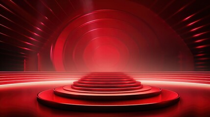 Red light award ceremony background with podium with imitation of tunnel with red rays, decorated...