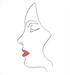 Beautiful woman face portrait linear drawing elegant minimalist female model face sketch continuous linear graphic artwork illustration.