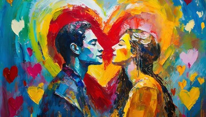 an emotionally charged painting named "Passionate Palette: Abstract Romance." Create a super-realistic depiction of love using striking colors in an abstract composition. The artwork should evoke a se