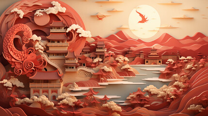 A relief image of China town along the river in white, red and blue tones. 2D image of China town and landscape with the ancient Chinese buildings, river, birds and the Sun
