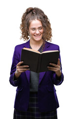 Young brunette student girl wearing school uniform reading a book over isolated background with a happy face standing and smiling with a confident smile showing teeth