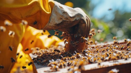 A beekeeper is inspecting a swarm of bees. This image can be used to illustrate beekeeping practices and the importance of beekeeping for honey production and pollination - obrazy, fototapety, plakaty