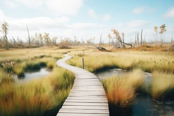 a boardwalk meandering through a marsh