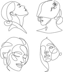 Set of portraits. Continuous line, minimalist vector illustration of beautiful woman face. For t-shirt, slogan design print graphics style