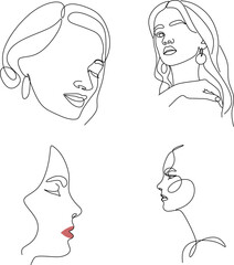 Set of portraits. Continuous line, minimalist vector illustration of beautiful woman face. For t-shirt, slogan design print graphics style