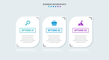 Timeline infographic with infochart. Modern presentation template with 3 spets for business process. Website template on white background for concept modern design. Horizontal layout.