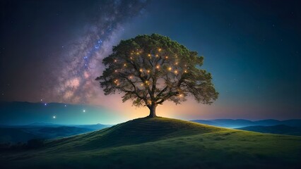 Fototapeta na wymiar Illuminated lonely tree on the hill at night with starry sky and beautiful milky way. Illustration with copy space for design, template, backdrop, artwork, wallpaper