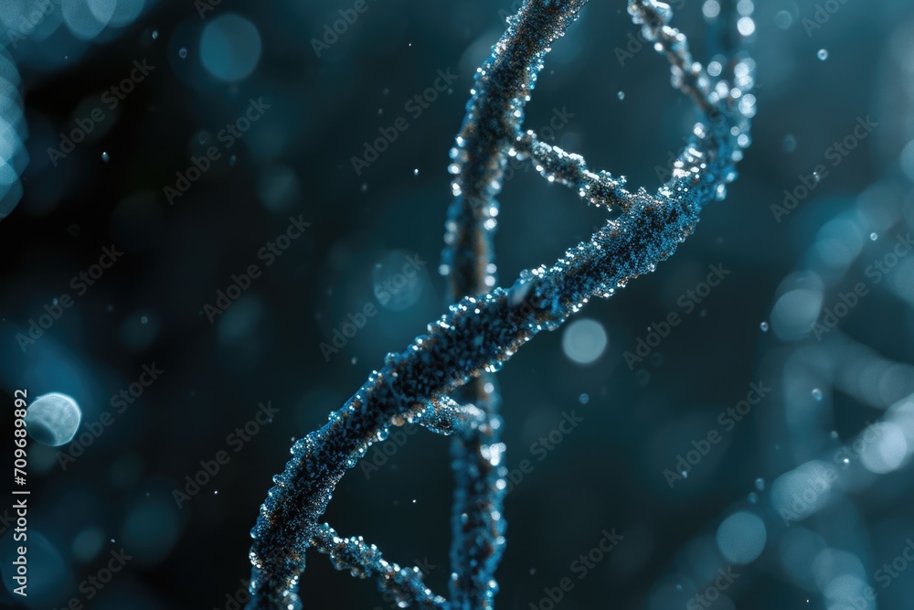 Poster a detailed close-up view of a double strand of dna. this image can be used in scientific research, b