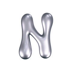 3d chrome liquid letter N in y2k style isolated. Render of 3d metal inflated bubble alphabet with glossy silver effect. 3d vector y2k typography letter