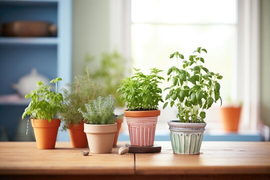 Fresh Herb Plants In Small Terracotta Pots