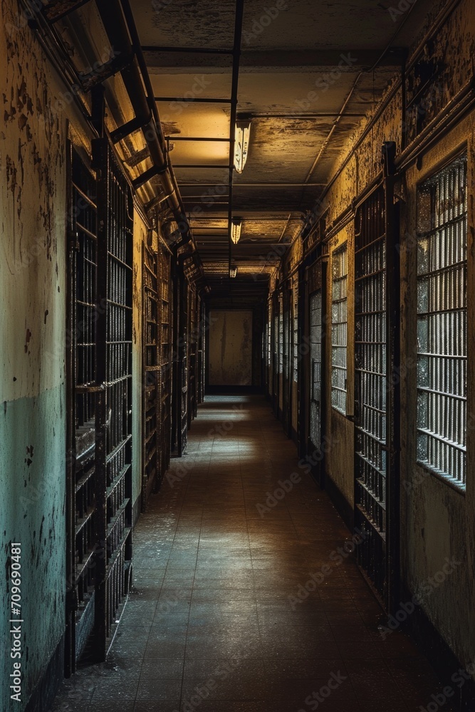 Poster A long hallway with a single light hanging from the ceiling. Perfect for adding a sense of mystery or anticipation. Use this image to create a suspenseful atmosphere in your designs