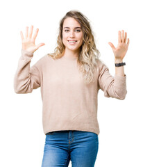 Fototapeta na wymiar Beautiful young blonde woman wearing sweatershirt over isolated background showing and pointing up with fingers number ten while smiling confident and happy.