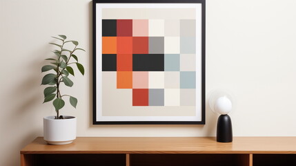 Modern minimal and clean wall interior design, Geometric picture frame, Minimal style living room.  Generated AI