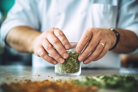 closeup of a bartenders hands muddling herbs in a glass