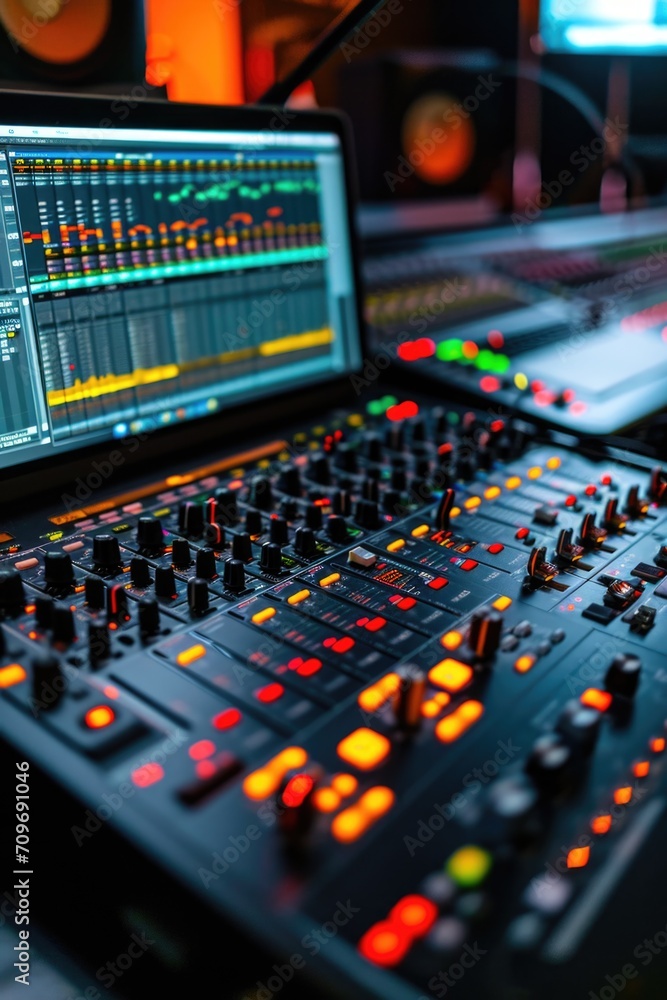 Aufkleber A laptop computer is placed on top of a mixing desk. This versatile image can be used to illustrate technology, music production, or a professional work environment
