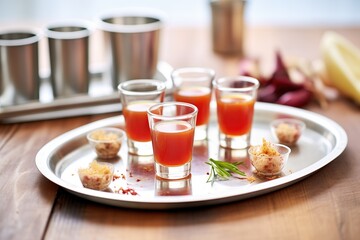 beet kvass in a shot glass, a group arranged in a triangle, on a metal tray - obrazy, fototapety, plakaty