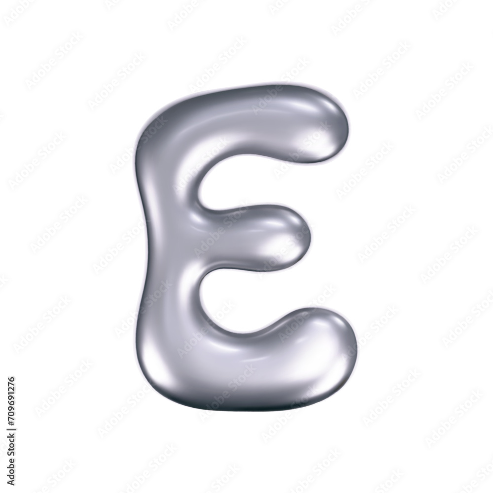Canvas Prints 3d chrome liquid letter e in y2k style isolated. render of 3d metal inflated bubble alphabet with gl