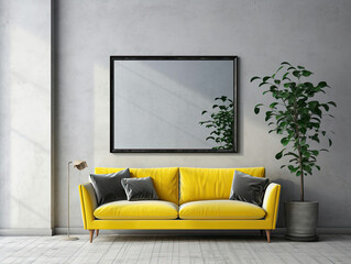 Yellow Couch and Potted Plant in Well-Lit Living Room