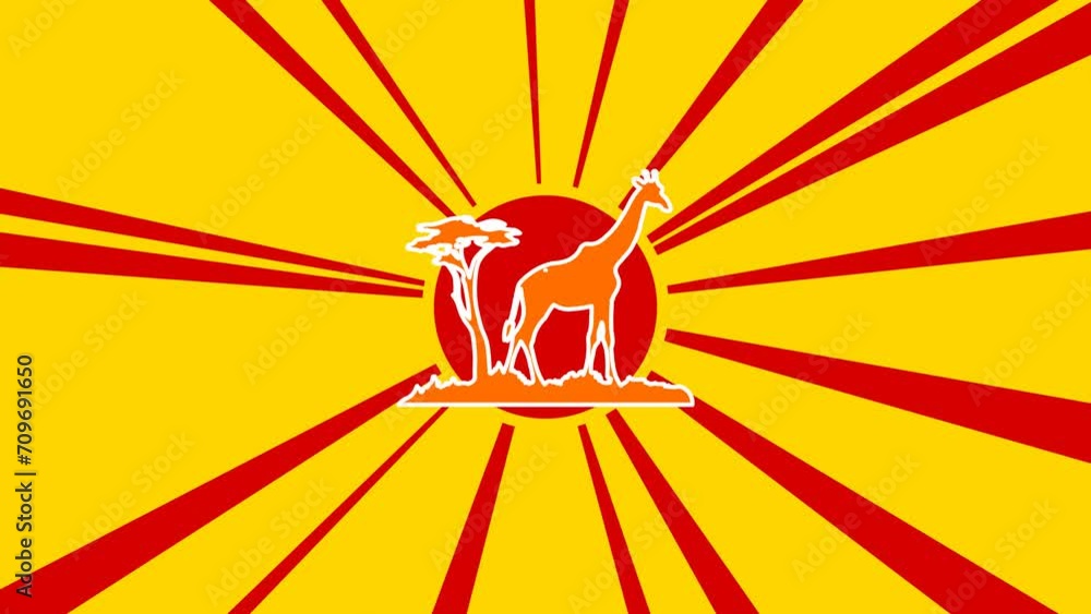 Poster giraffe symbol on the background of animation from moving rays of the sun. large orange symbol incre