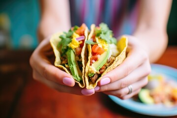hand holding a taco with avocado and tomato omelet filling