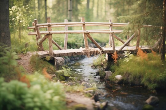 wooden footbridge in the forest with a stream underneath