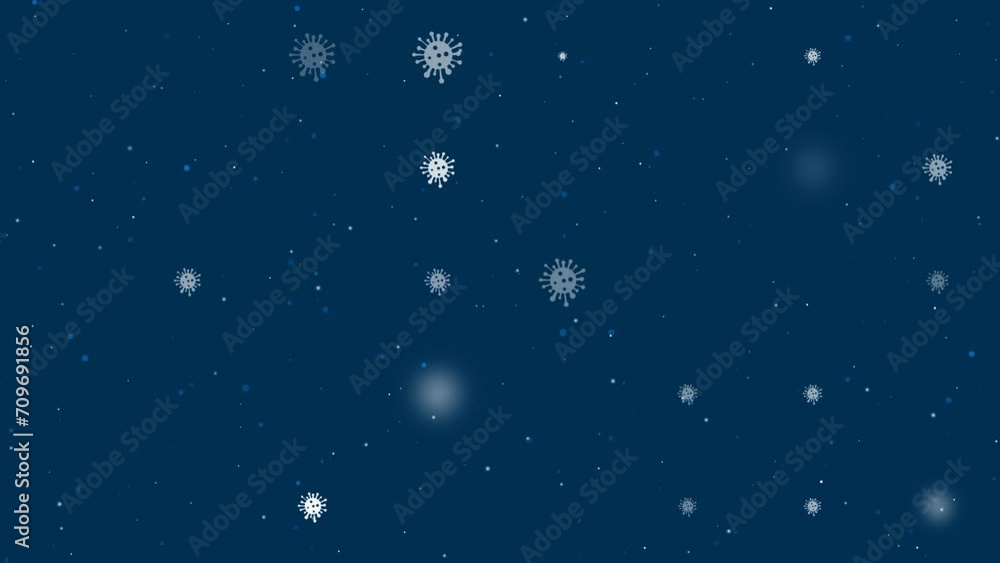 Poster template animation of evenly spaced coronavirus symbols of different sizes and opacity. animation of