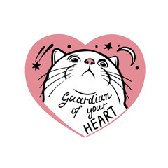 Heart shaped cat with moon and stars. Concept love and animals, pets. Lettering. Guardian of your heart. Vector illustration