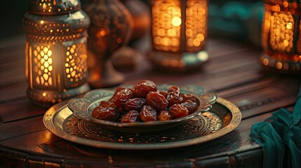 Dates placed on a decorative plate for suhoor, showcasing the pre-dawn meal during Ramadan