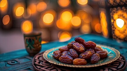 Dates placed on a decorative plate for suhoor, showcasing the pre-dawn meal during Ramadan