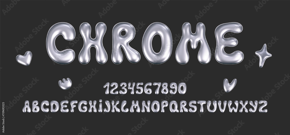 Wall mural 3d chrome liquid font in y2k style isolated on a dark background. render of 3d metal inflated alphab