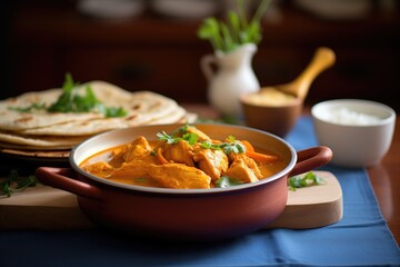 a bowl of butter chicken beside a stack of fresh chapatis