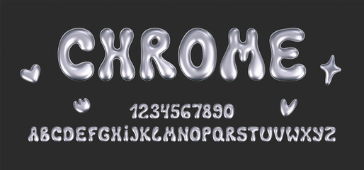 3d chrome liquid font in y2k style isolated on a dark background. Render of 3d metal inflated alphabet and numbers with glossy silver effect. 3d vector y2k typography letter.