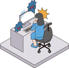 コンピューターウイルスに感染して困惑している会社員の若い女性のアイソメイラスト