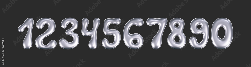 Wall mural 3d chrome liquid font in y2k style isolated on a dark background. render of 3d metal inflated number