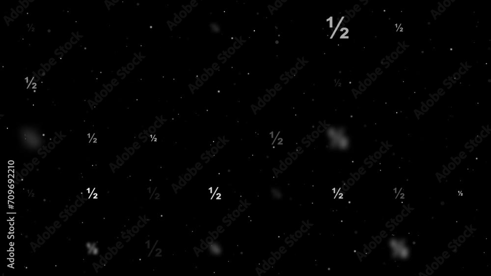 Poster template animation of evenly spaced half fraction symbols of different sizes and opacity. animation 