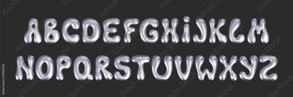Wall mural 3d chrome liquid font in y2k style isolated on a dark background. render of 3d metal inflated alphab
